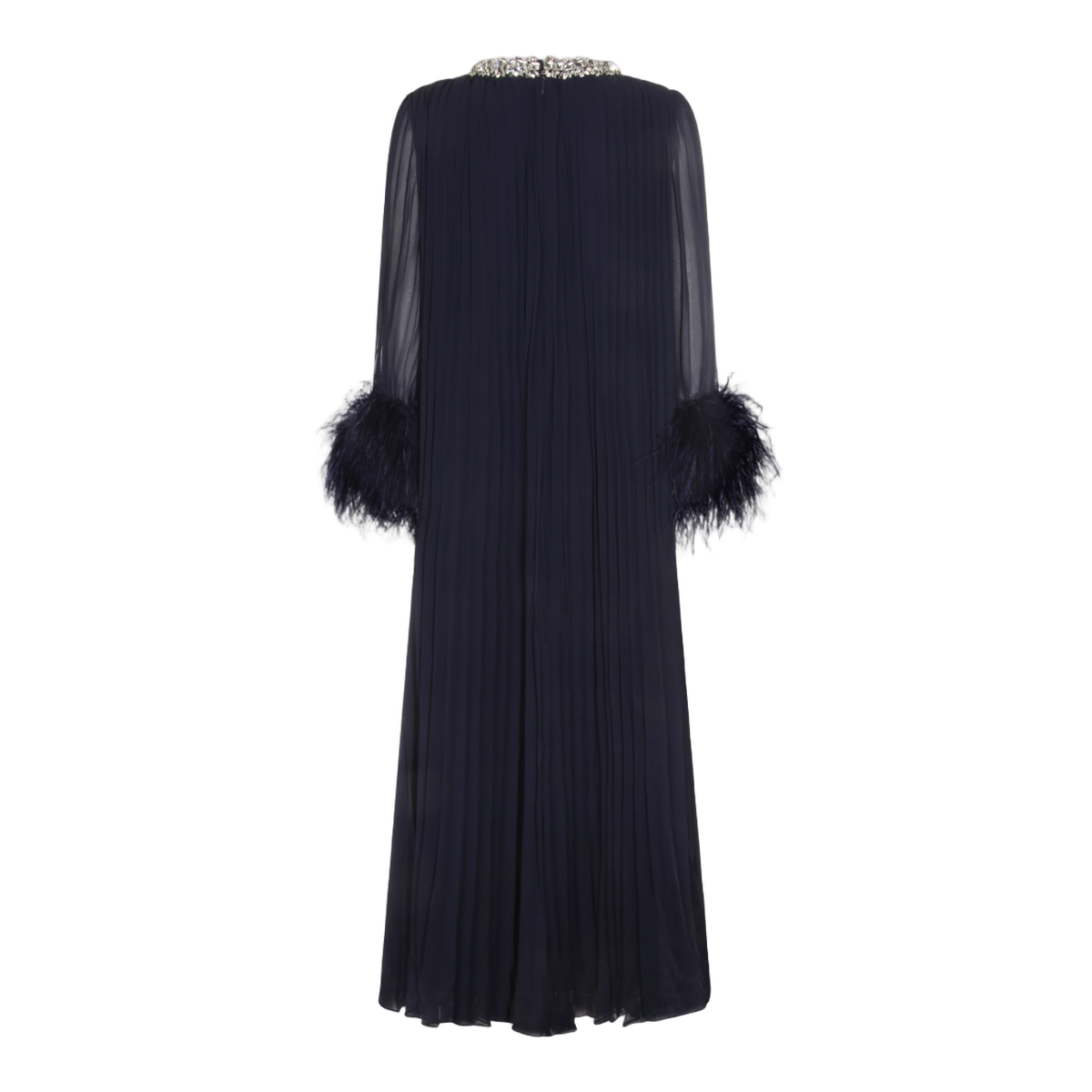 Self-Portrait Flowing Pleated Midi Dress with Feather Cuffs Zwart