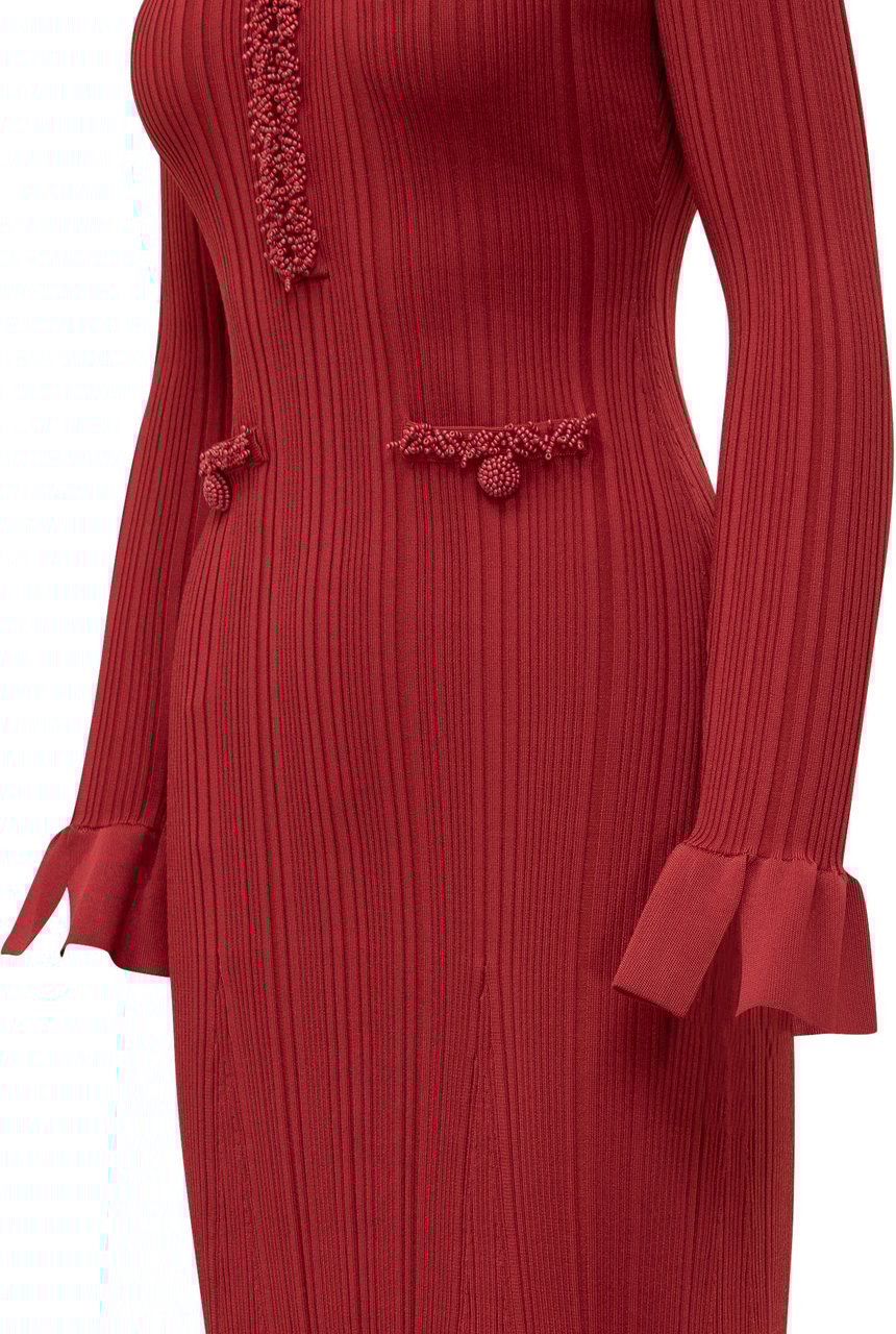 Self-Portrait Abito Lungo in Maglia con Finiture Maroon