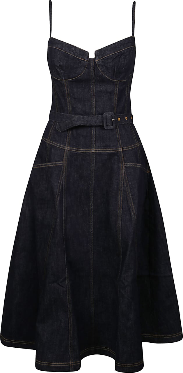 Self-Portrait Denim Flared Midi Dress Blue Blauw