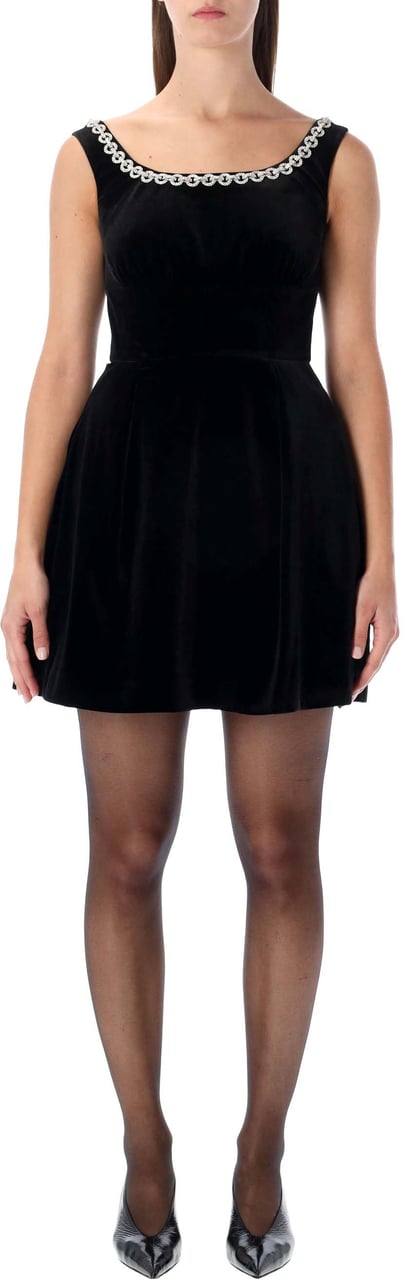 Self-Portrait Godet Velvet Mini Dress Crystal Trim Nero Zwart