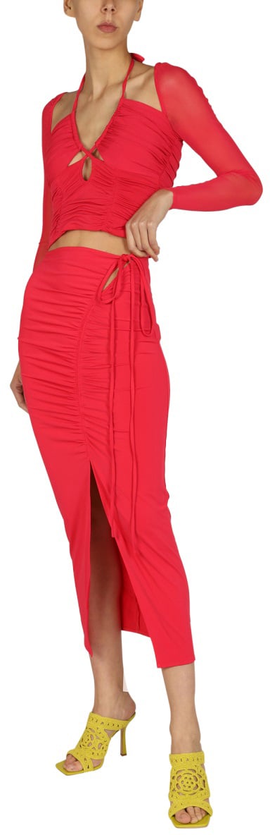 Self-Portrait Ruched Midi Skirt Rood