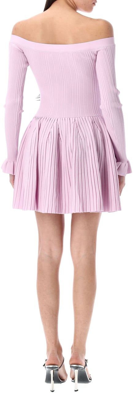 Self-Portrait Pink Ribbed Knit Off Shoulder Mini Dress Rosa Roze