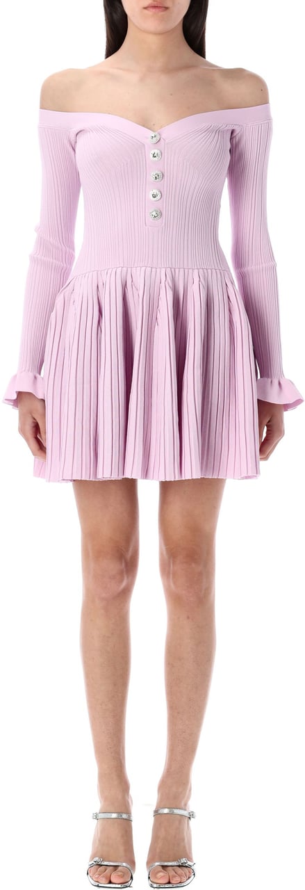 Self-Portrait Pink Ribbed Knit Off Shoulder Mini Dress Rosa Roze