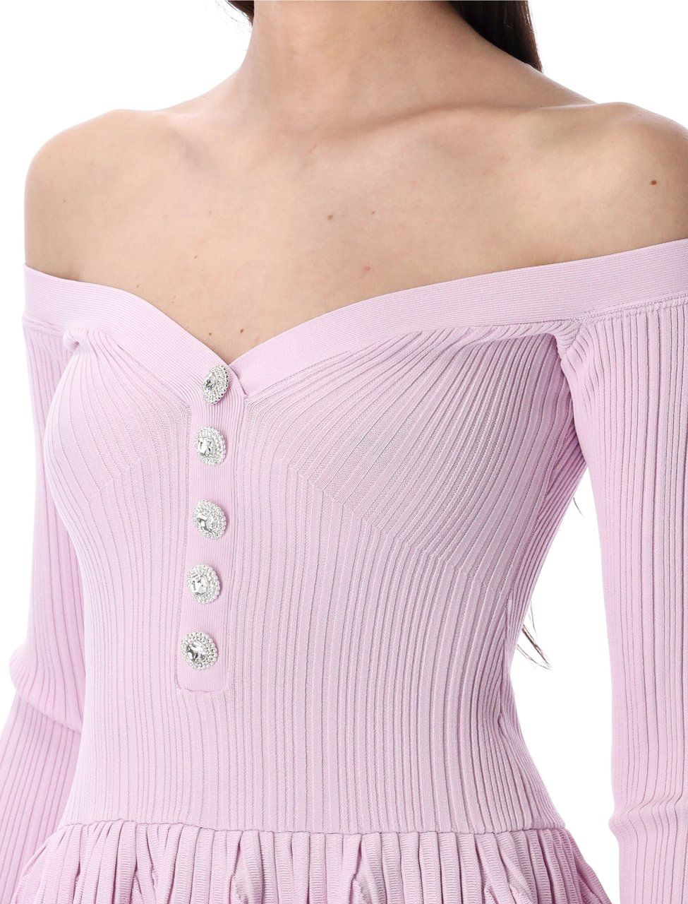 Self-Portrait Pink Ribbed Knit Off Shoulder Mini Dress Rosa Roze