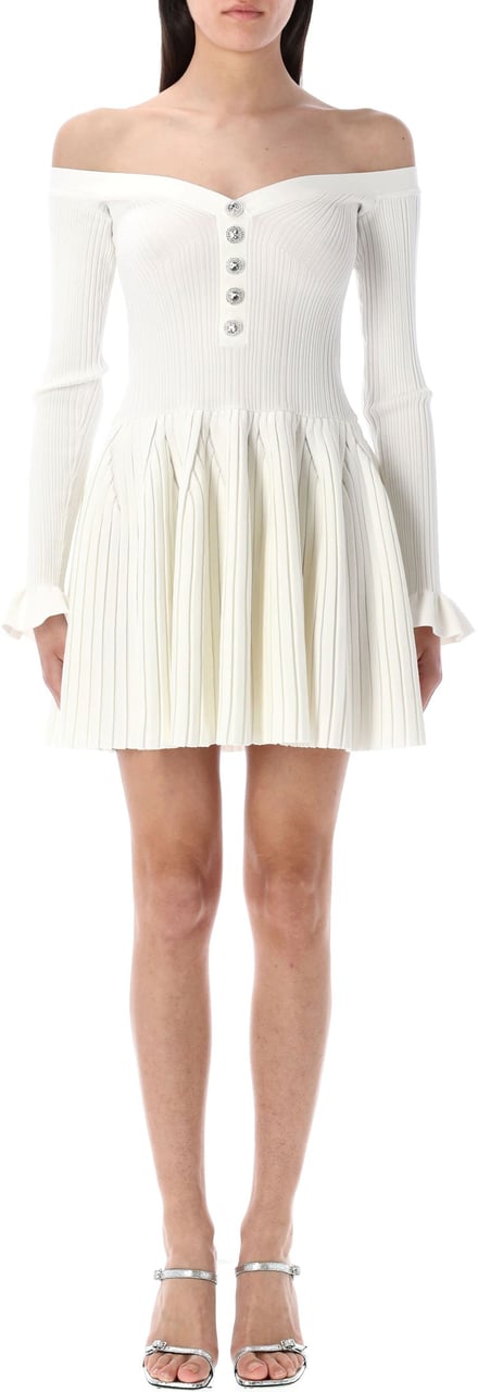 Self-Portrait White Ribbed Knit Off Shoulder Mini Dres Bianco Wit