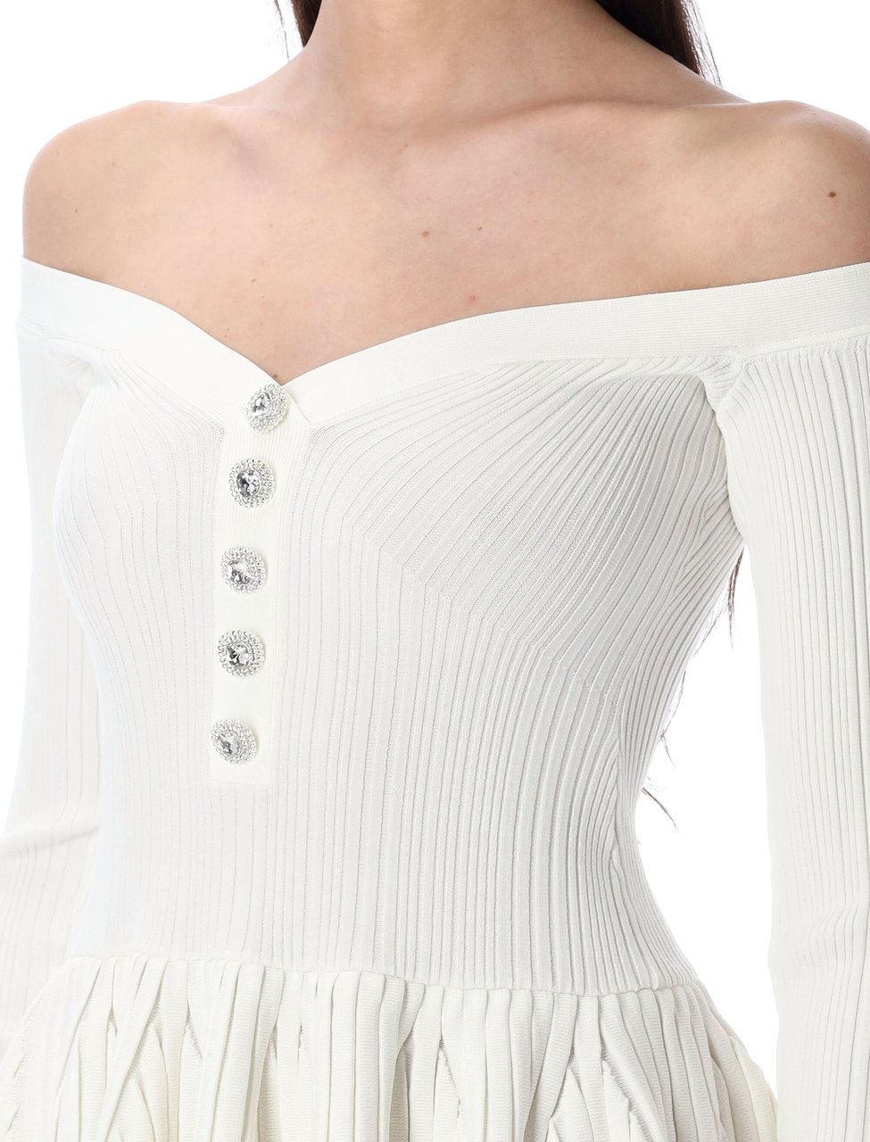 Self-Portrait White Ribbed Knit Off Shoulder Mini Dres Bianco Wit