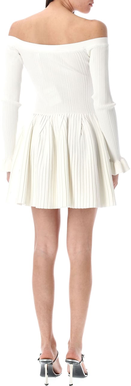 Self-Portrait White Ribbed Knit Off Shoulder Mini Dres Bianco Wit