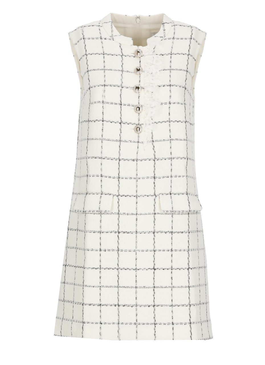 Self-Portrait Ivory Check Boucle Mini Dress With Lace Trim And Sequined Detail Wit