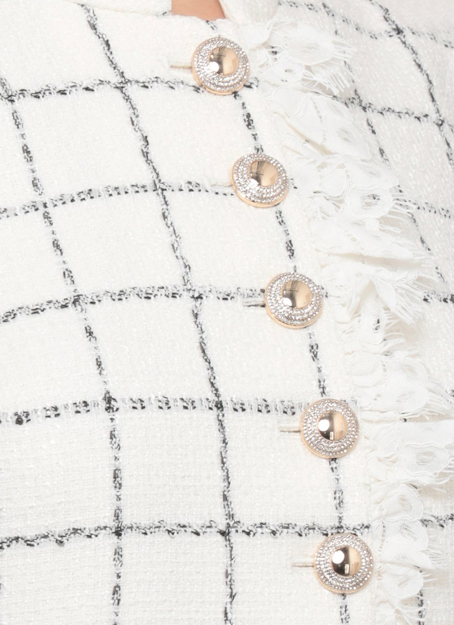 Self-Portrait Ivory Check Boucle Mini Dress With Lace Trim And Sequined Detail Wit
