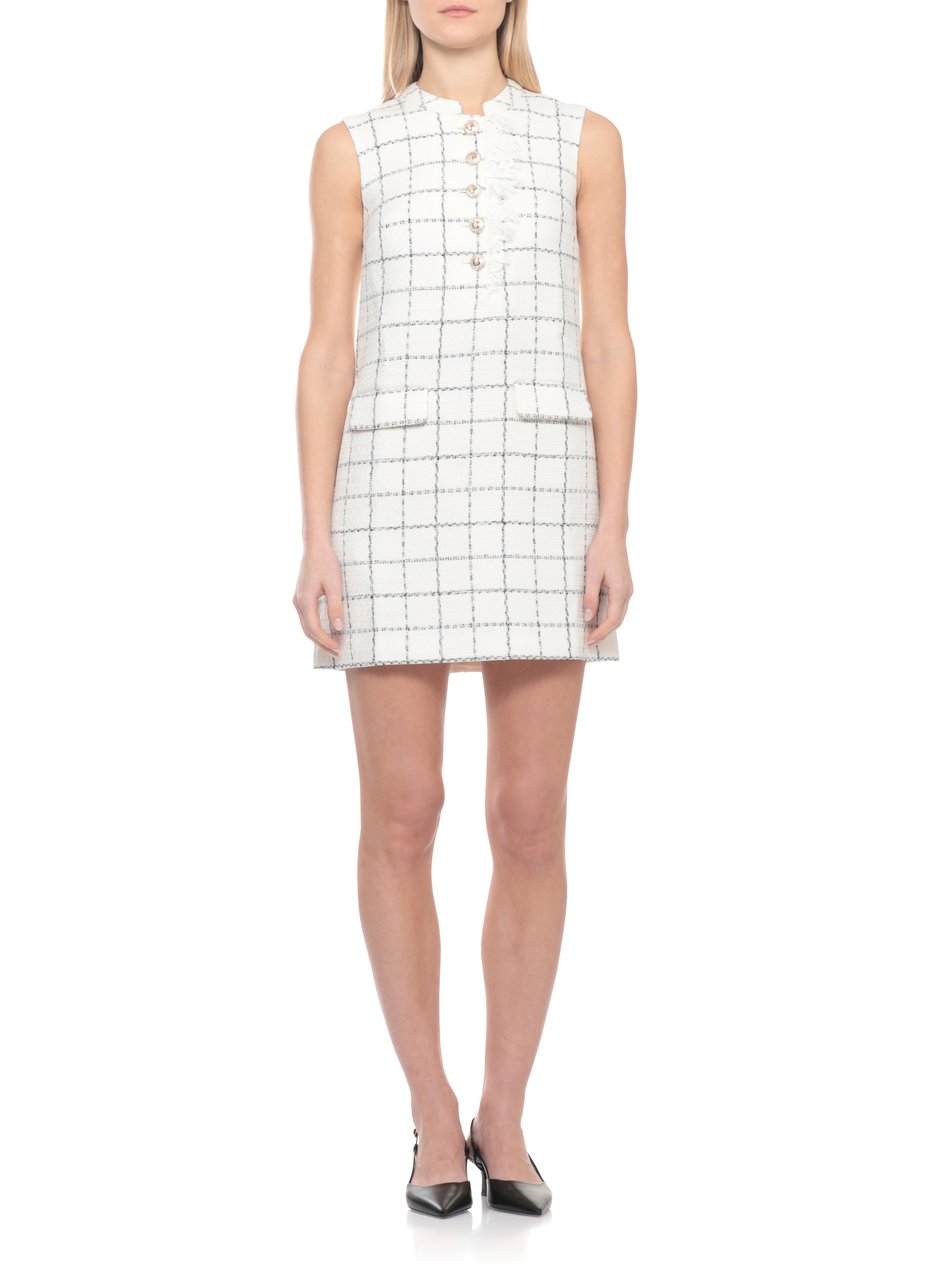 Self-Portrait Ivory Check Boucle Mini Dress With Lace Trim And Sequined Detail Wit