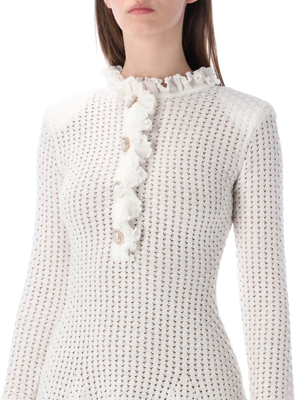 Self-Portrait Pointelle Knit Mini Dress Bianco Wit