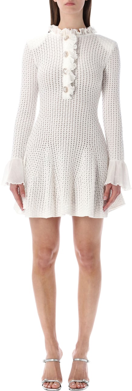 Self-Portrait Pointelle Knit Mini Dress Bianco Wit
