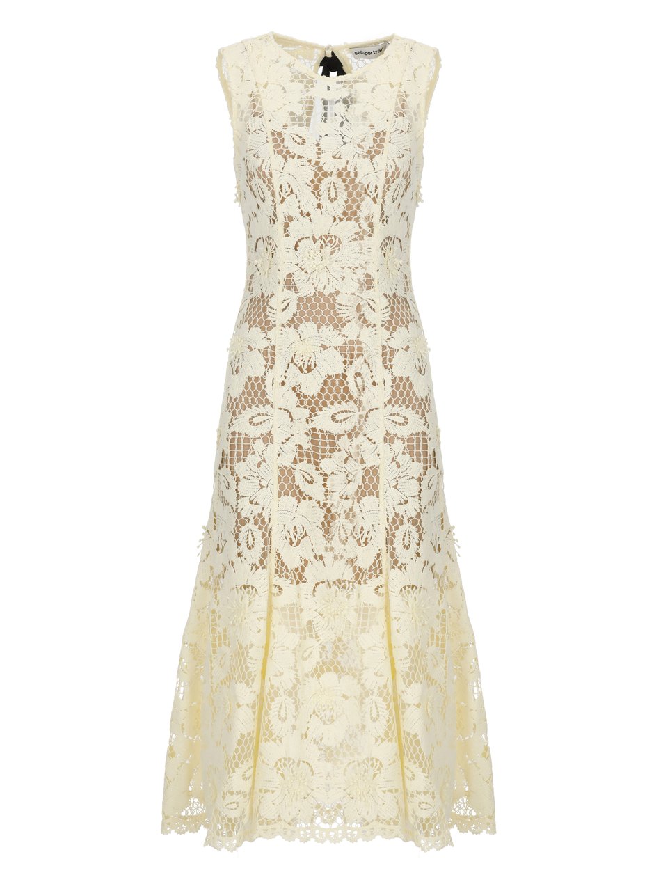 Self-Portrait Crochet Lace Midi Dress With Floral Relief And Flared Hem Neutraal