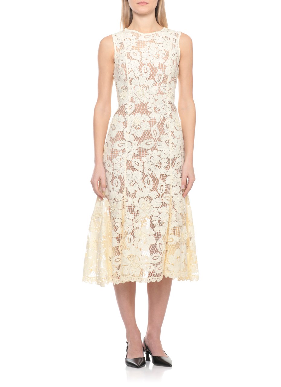 Self-Portrait Crochet Lace Midi Dress With Floral Relief And Flared Hem Neutraal
