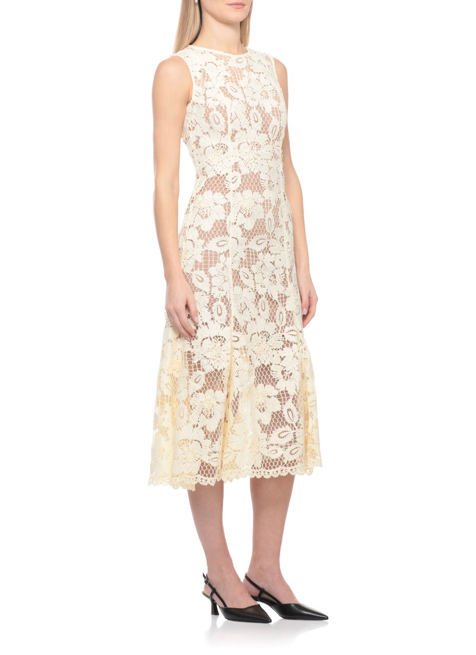 Self-Portrait Crochet Lace Midi Dress With Floral Relief And Flared Hem Neutraal