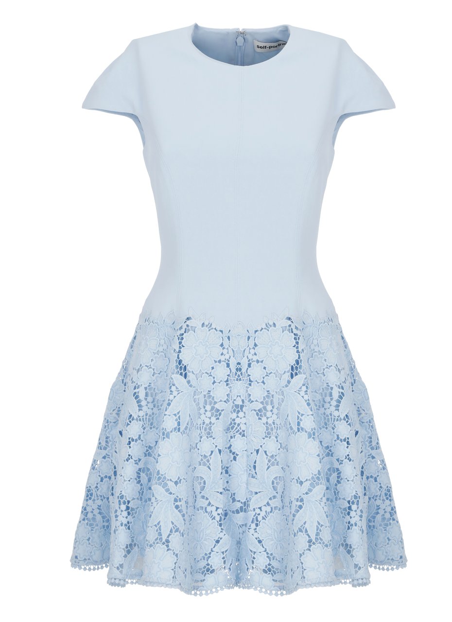 Self-Portrait Light Blue Crepe Lace Mini Dress With Floral Details Wit