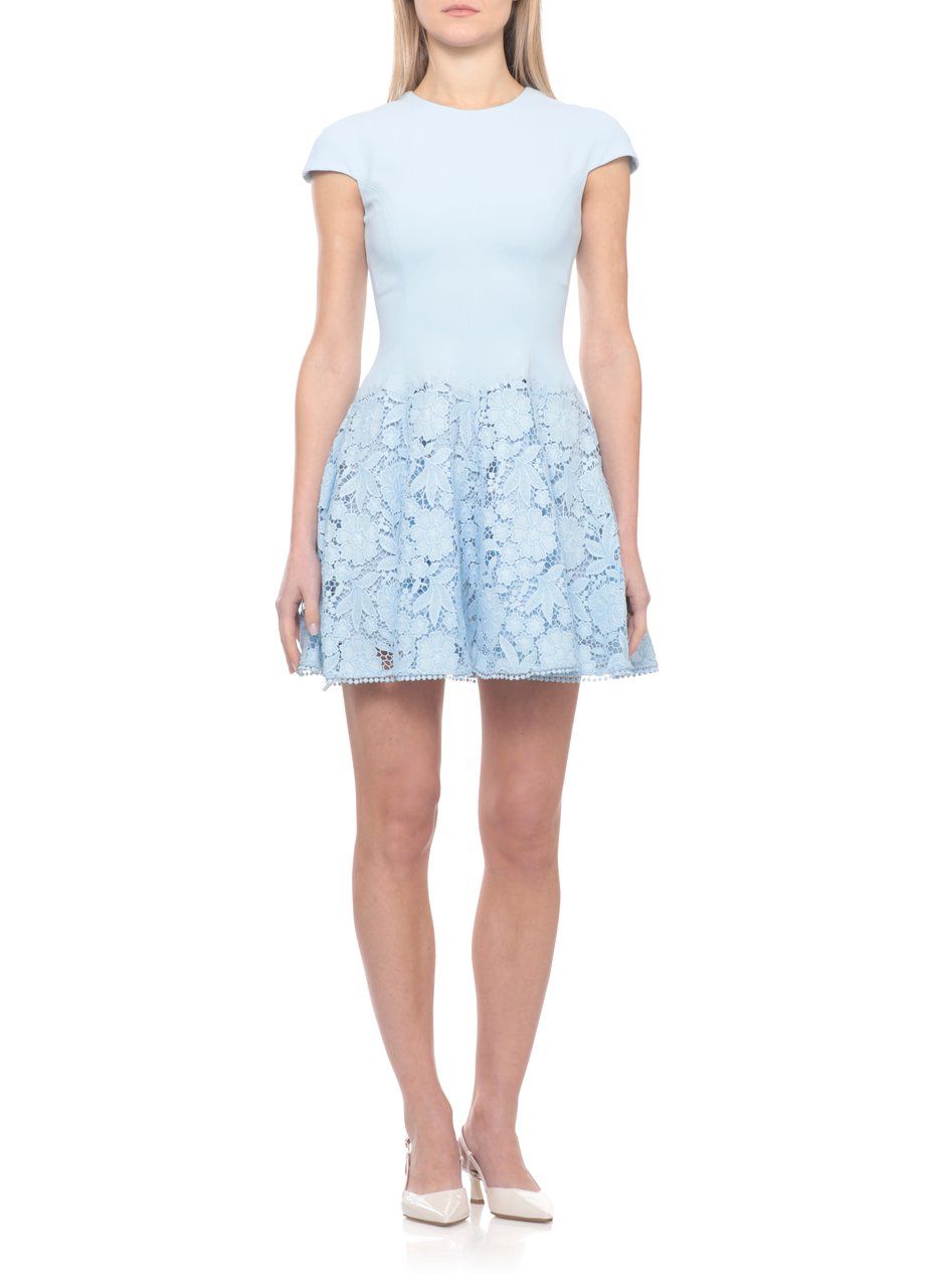 Self-Portrait Light Blue Crepe Lace Mini Dress With Floral Details Wit