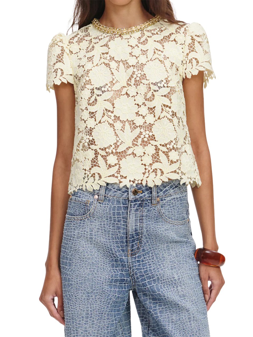Self-Portrait Intricate Floral Lace Top with Gold Embellishments Grijs