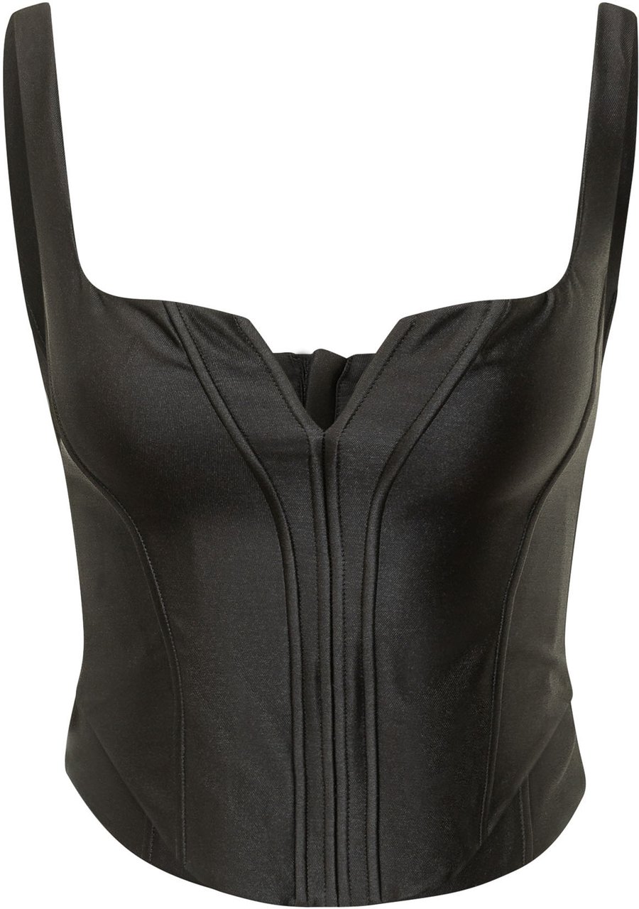 Self-Portrait Top Corsetto in Satin Nero Zwart