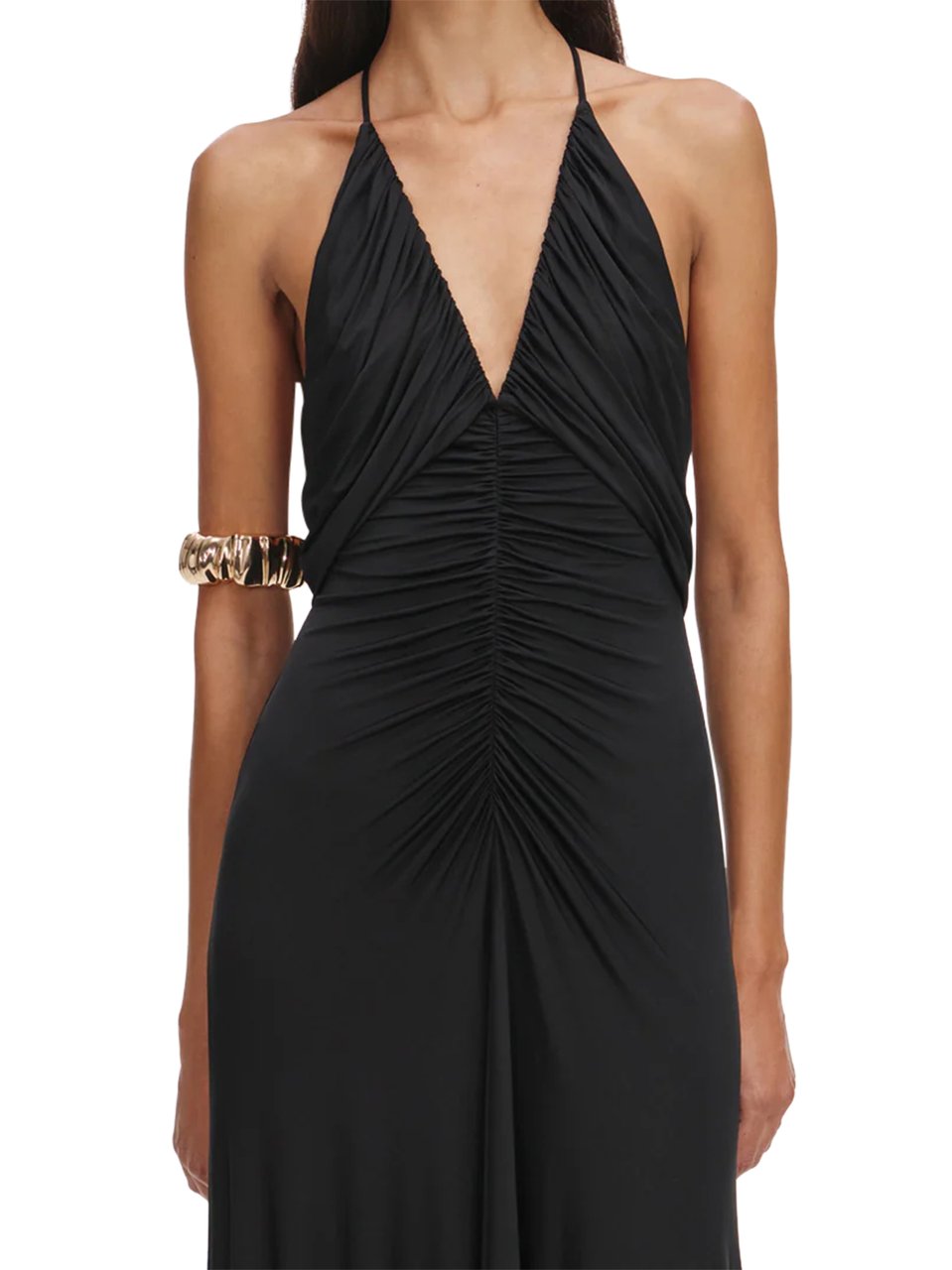 Self-Portrait Gathered Black Jersey Maxi Dress with Deep V-Neckline Zwart