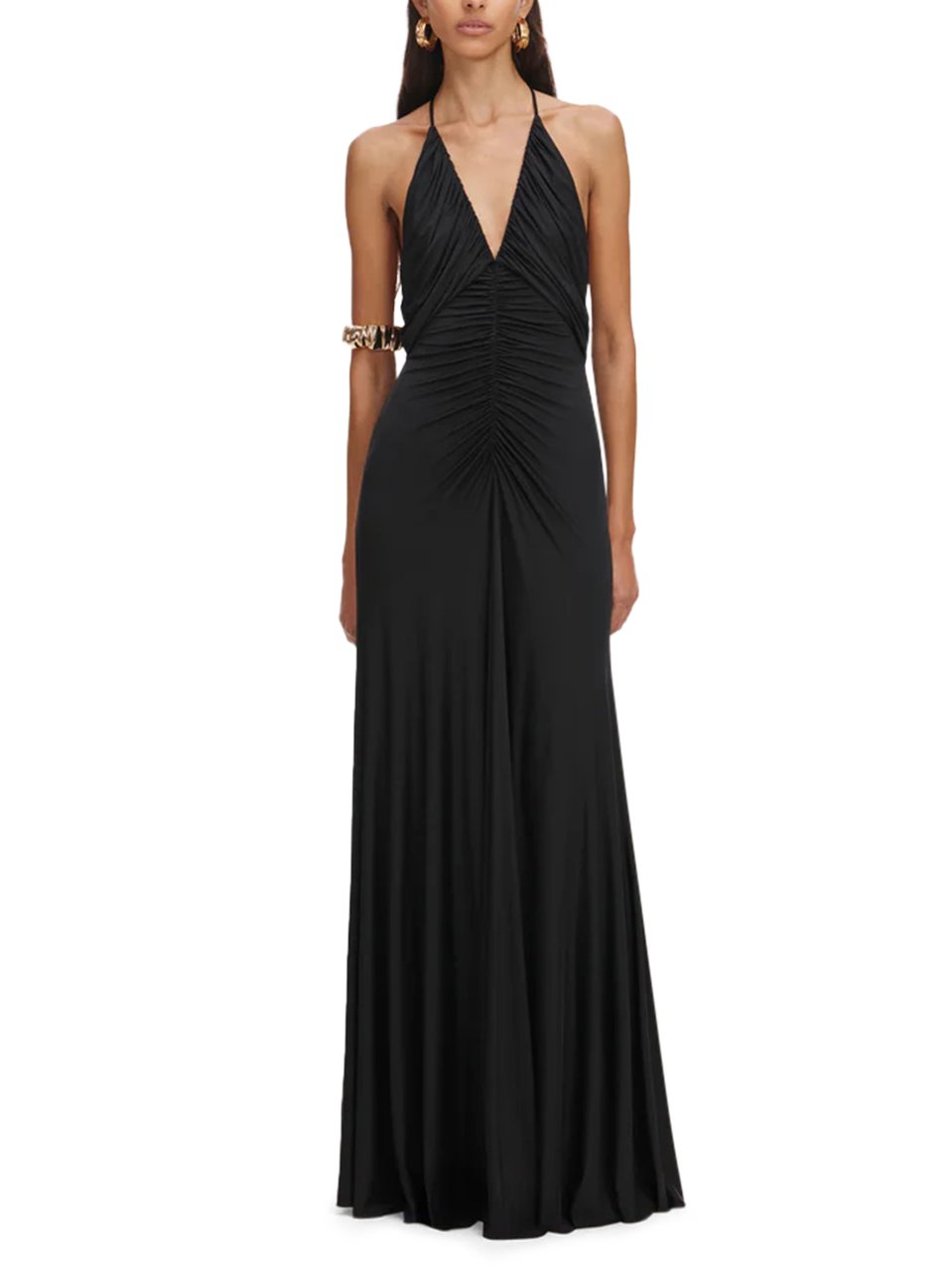 Self-Portrait Gathered Black Jersey Maxi Dress with Deep V-Neckline Zwart