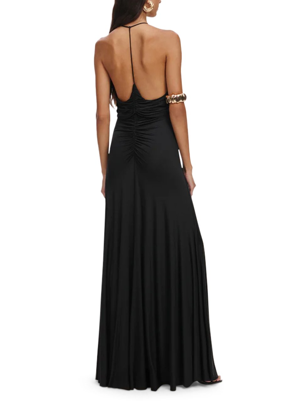Self-Portrait Gathered Black Jersey Maxi Dress with Deep V-Neckline Zwart