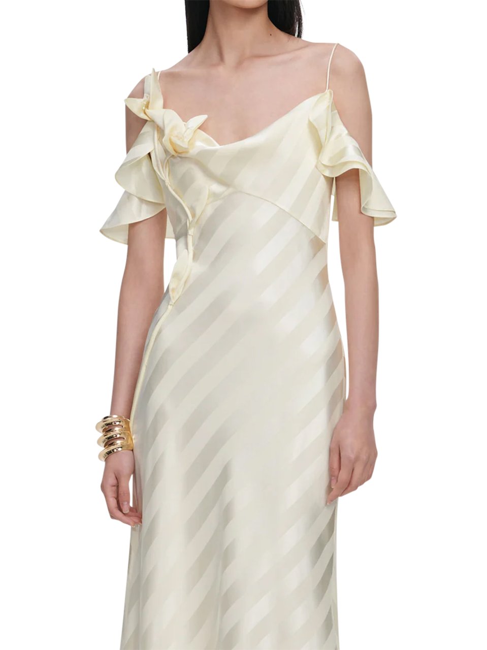 Self-Portrait Yellow Satin Striped Maxi Dress Grijs