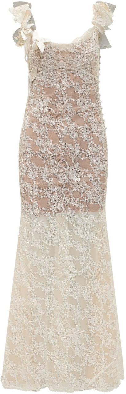 Self-Portrait Abito Lungo in Pizzo Floreale con Spalline Volant Wit