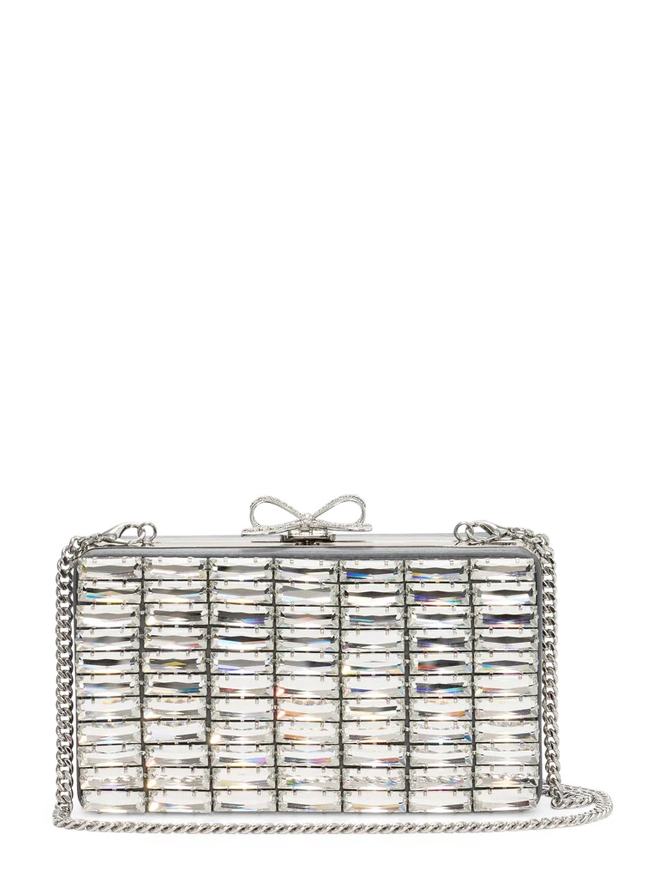 Self-Portrait Rectangular Grey Satin Crystal Clutch Bag Wit