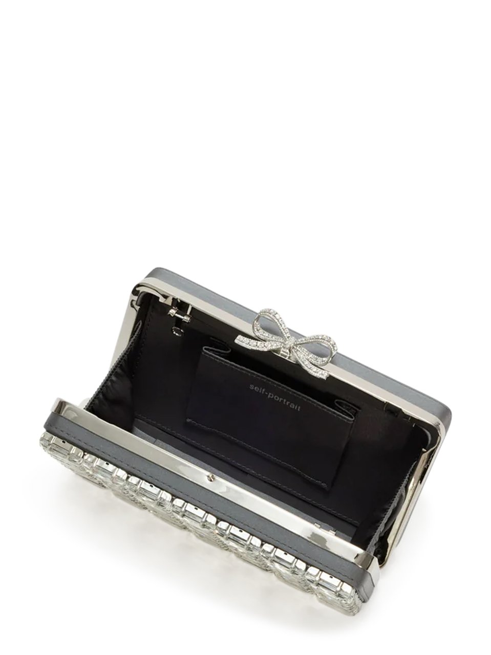 Self-Portrait Rectangular Grey Satin Crystal Clutch Bag Wit