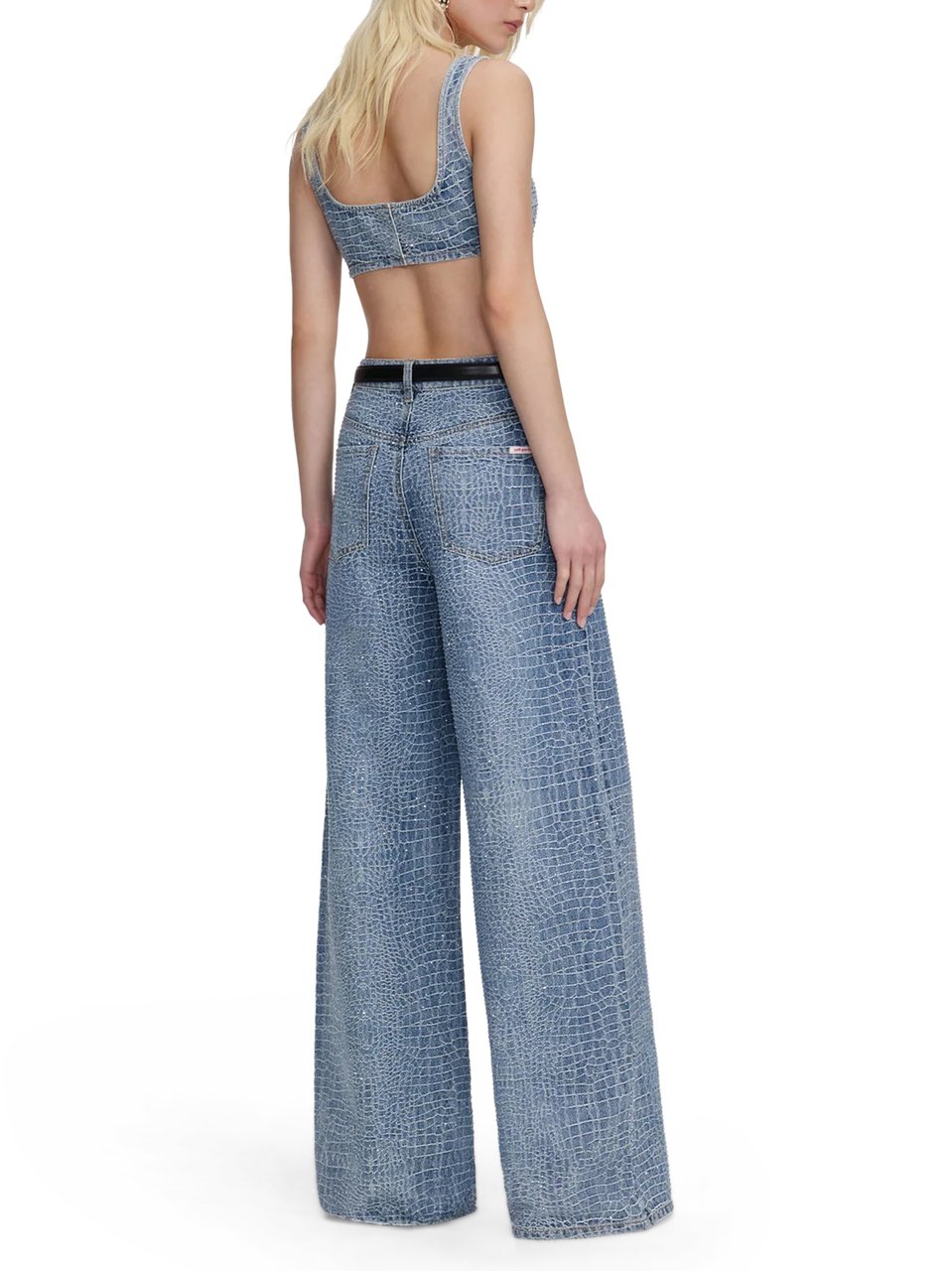 Self-Portrait Rhinestone-Embellished Croc Effect Wide-Leg Jeans Blauw