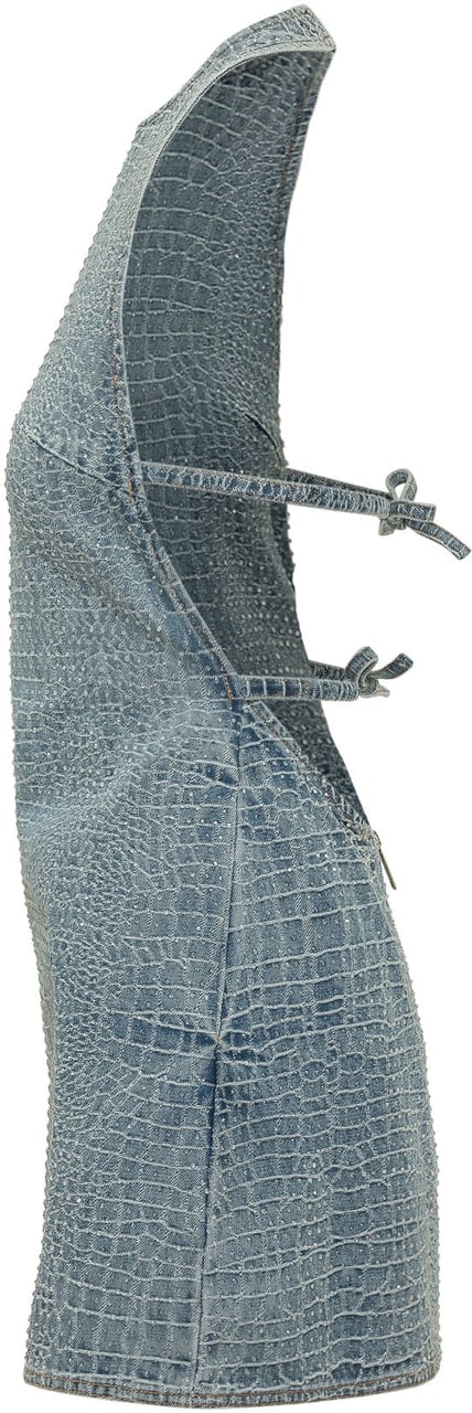 Self-Portrait Mini Abito in Denim Effetto Croco Lichtblauw