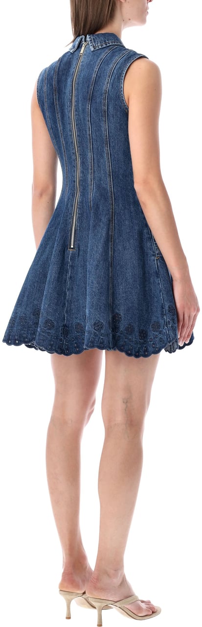 Self-Portrait Denim Broderie Mini Dress Blue Blauw