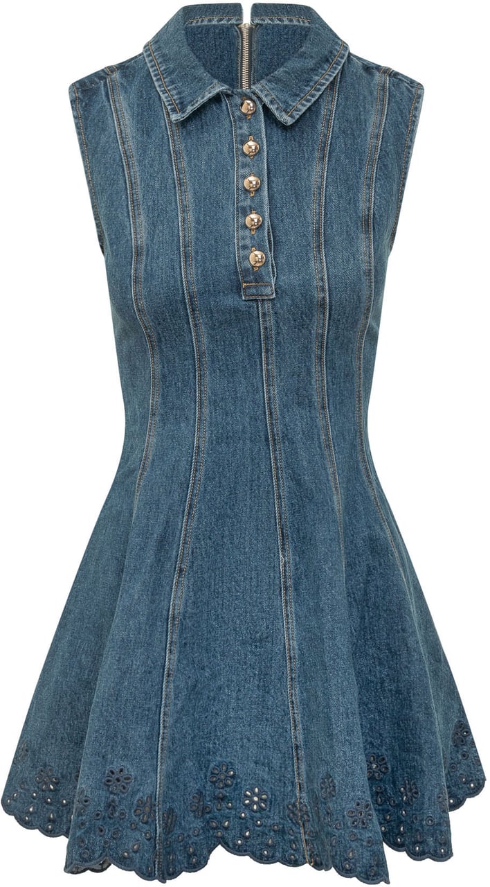 Self-Portrait Mini Abito in Denim con Ricamo Sangallo Blauw