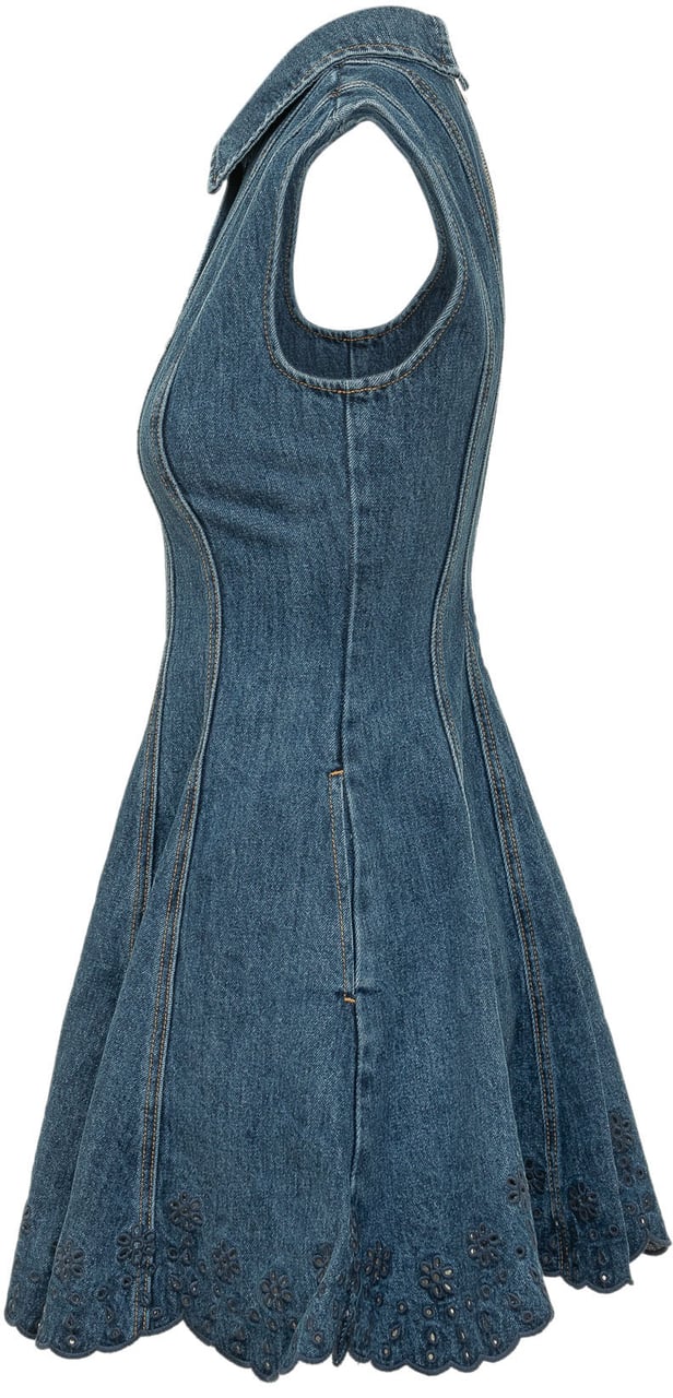 Self-Portrait Mini Abito in Denim con Ricamo Sangallo Blauw