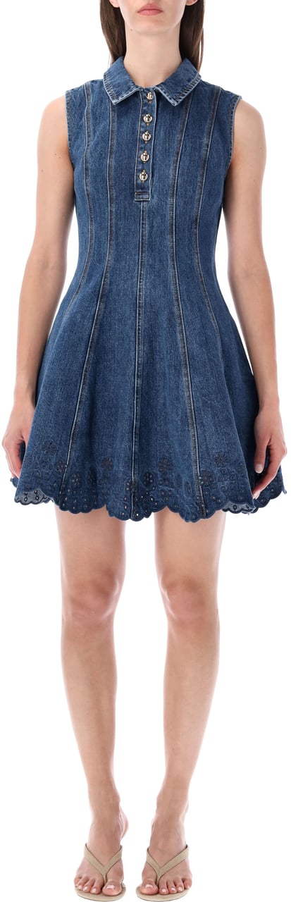 Self-Portrait Denim Broderie Mini Dress Blue Blauw