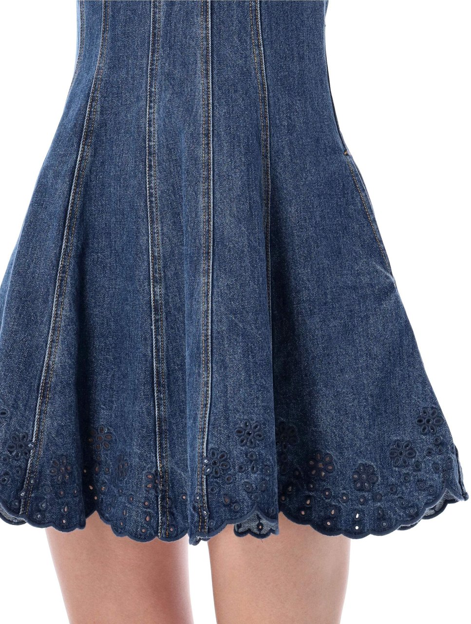 Self-Portrait Denim Broderie Mini Dress Blue Blauw