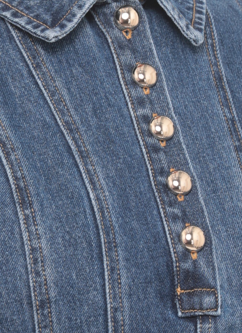 Self-Portrait Denim Mini Dress With Lace Embroidery And Classic Collar Grijs