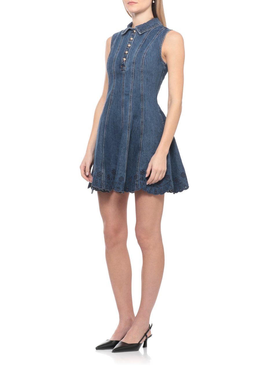 Self-Portrait Denim Mini Dress With Lace Embroidery And Classic Collar Grijs