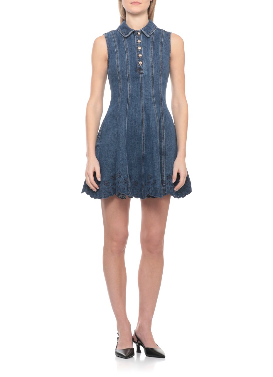 Self-Portrait Denim Mini Dress With Lace Embroidery And Classic Collar Grijs