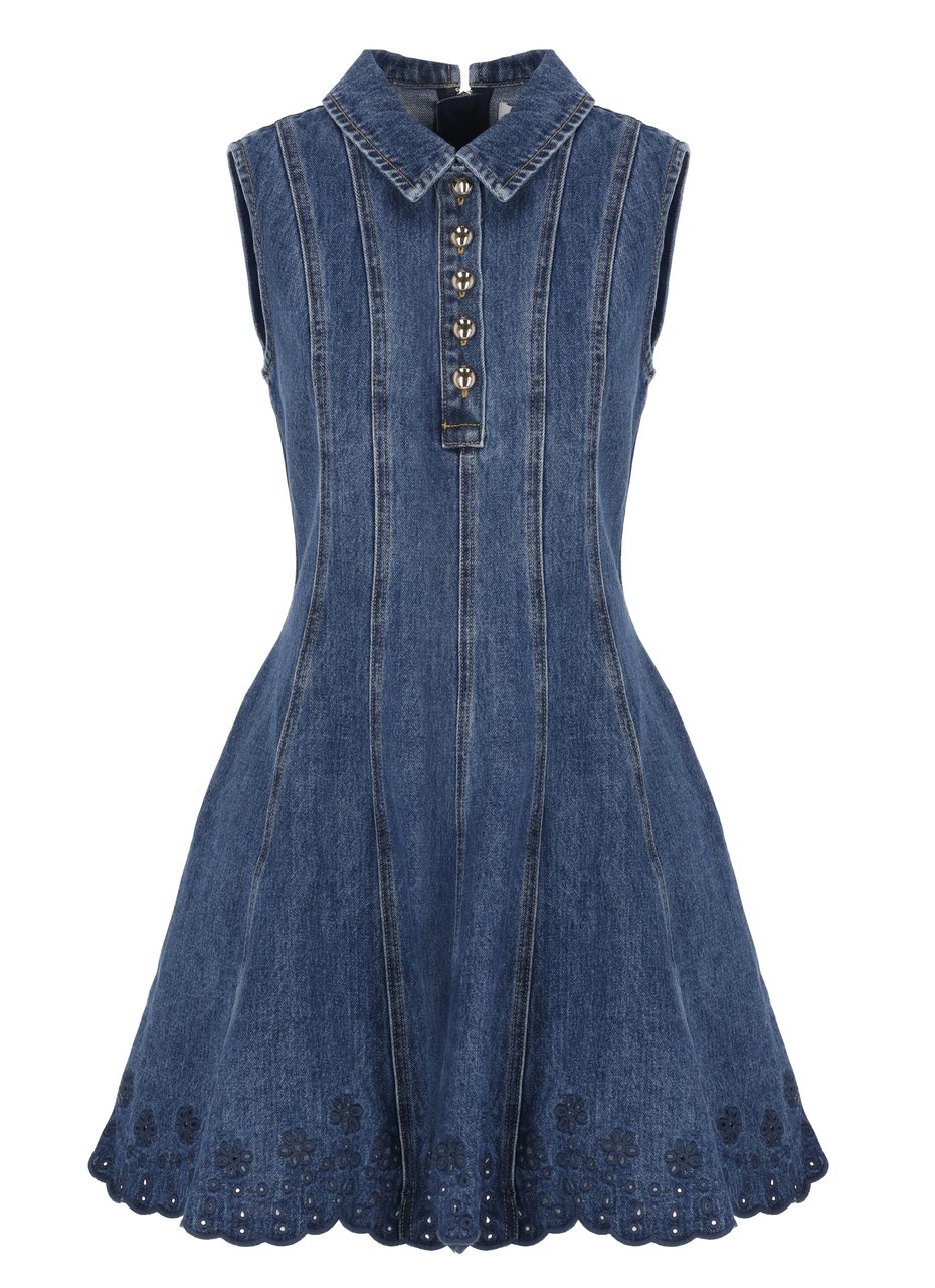 Self-Portrait Denim Mini Dress With Lace Embroidery And Classic Collar Grijs