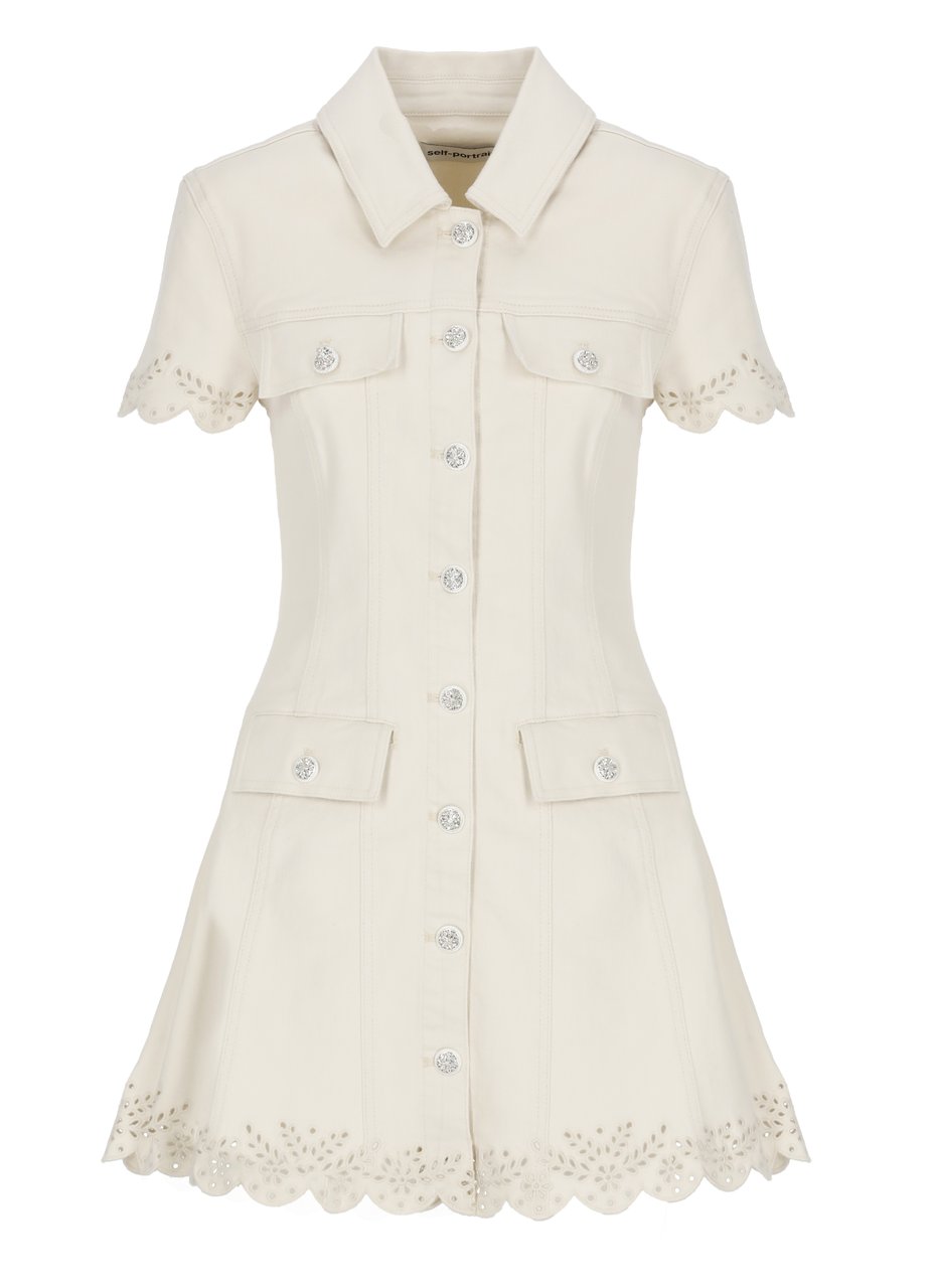 Self-Portrait Ivory Denim Mini Dress With Structured Collar And Lace Trims Neutraal