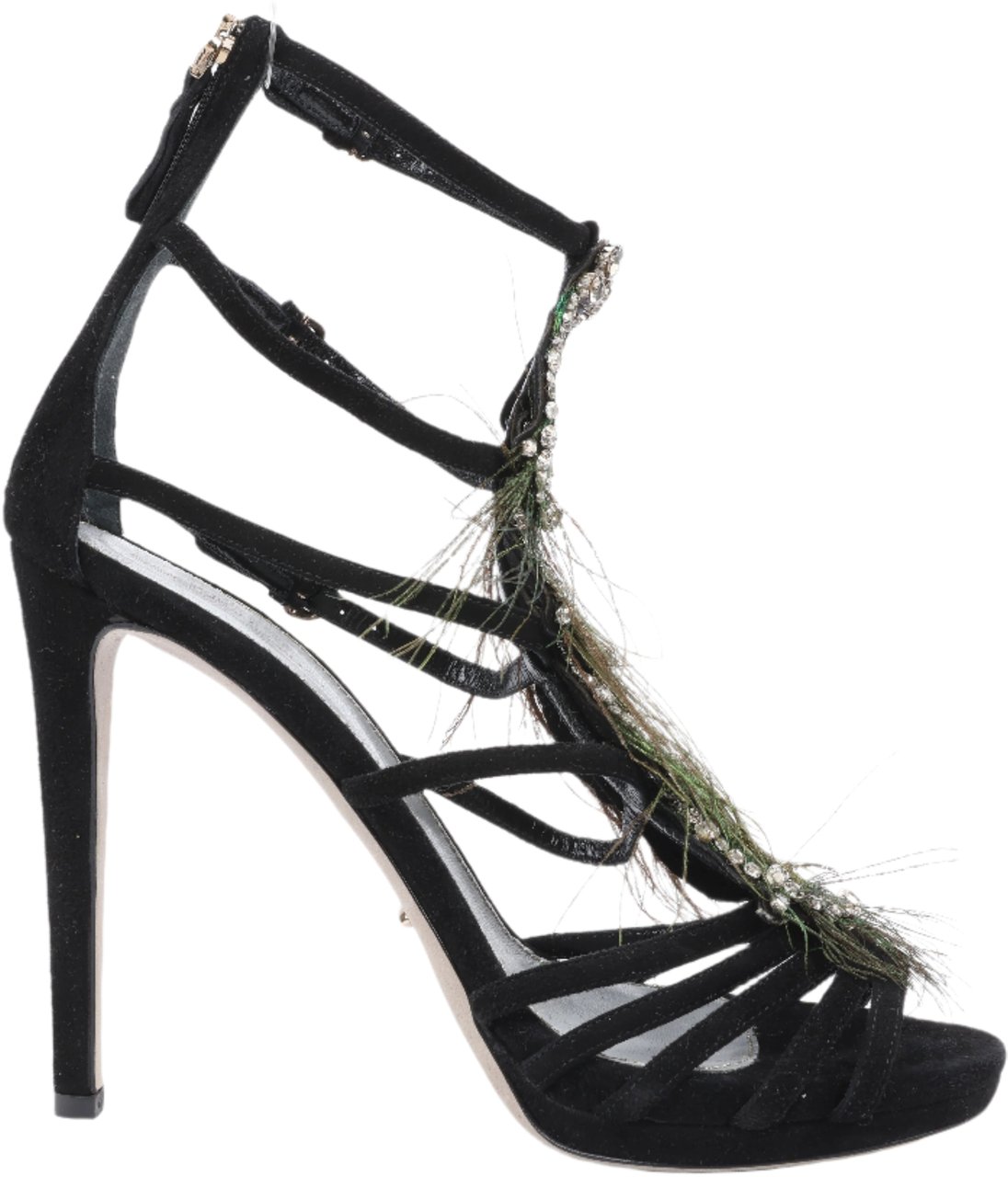 Sergio Rossi Sergio Rossi Black Suede Crystal And Peacock Embellished Platform Sandal Heels in Size 38 EU Zwart