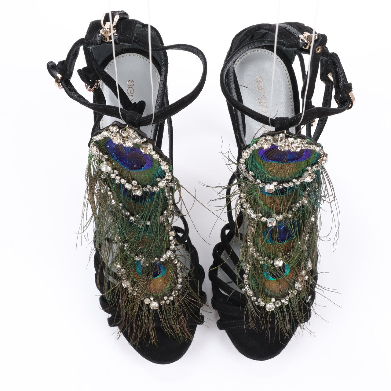 Sergio Rossi Sergio Rossi Black Suede Crystal And Peacock Embellished Platform Sandal Heels in Size 38 EU Zwart