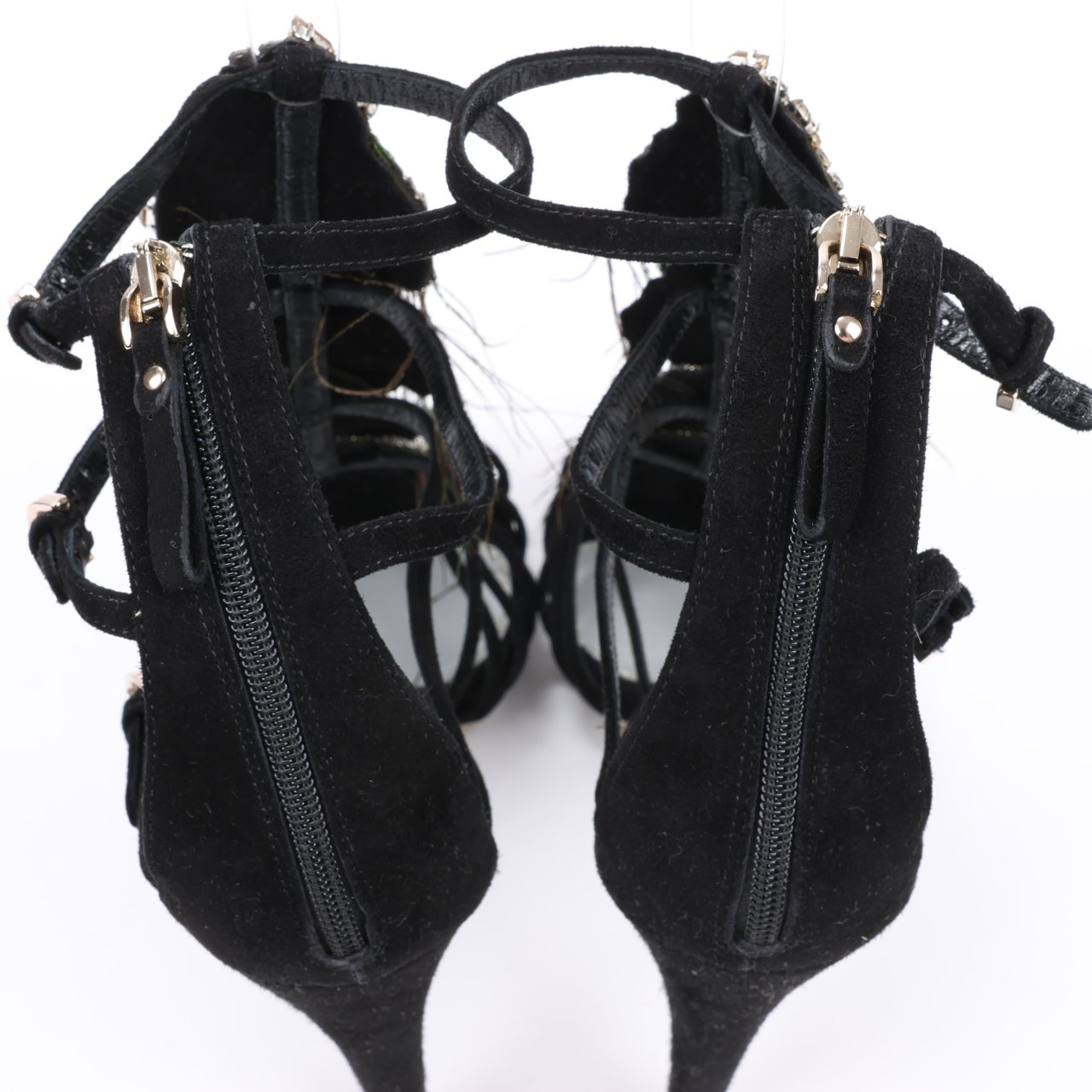 Sergio Rossi Sergio Rossi Black Suede Crystal And Peacock Embellished Platform Sandal Heels in Size 38 EU Zwart