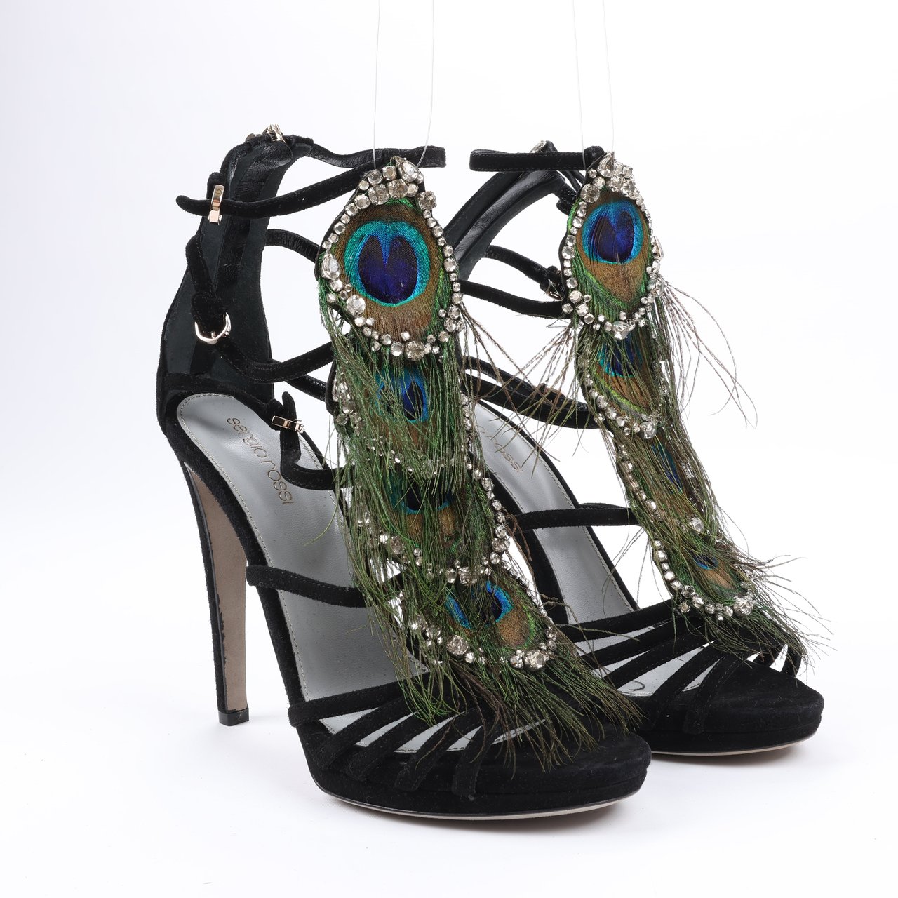 Sergio Rossi Sergio Rossi Black Suede Crystal And Peacock Embellished Platform Sandal Heels in Size 38 EU Zwart