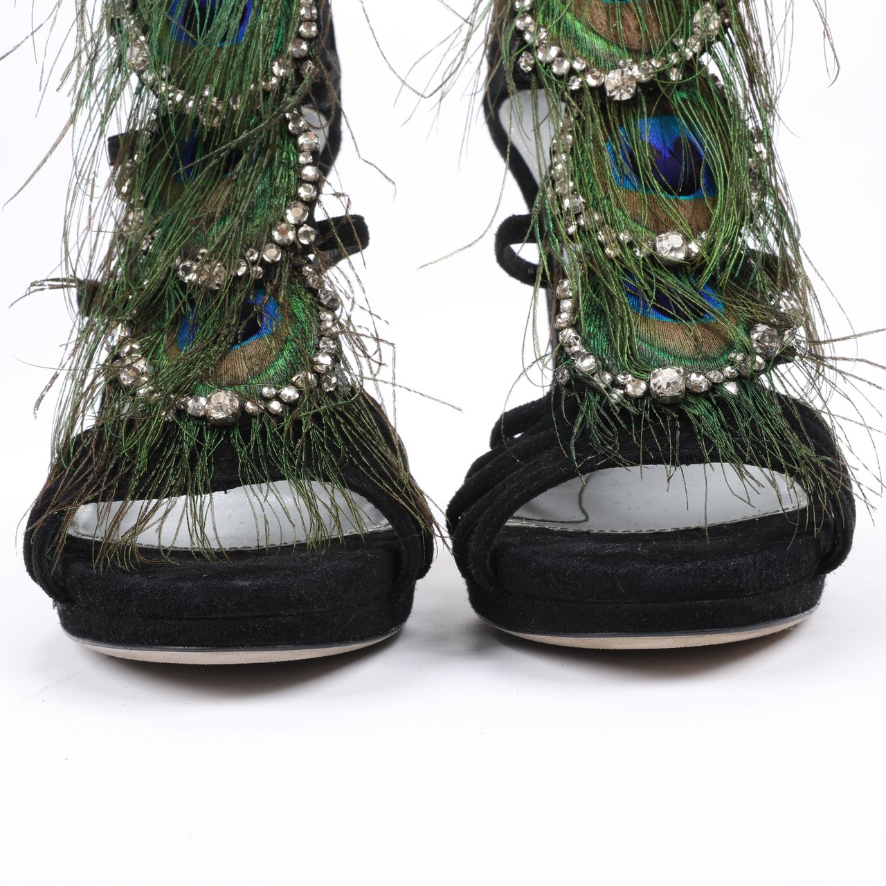 Sergio Rossi Sergio Rossi Black Suede Crystal And Peacock Embellished Platform Sandal Heels in Size 38 EU Zwart