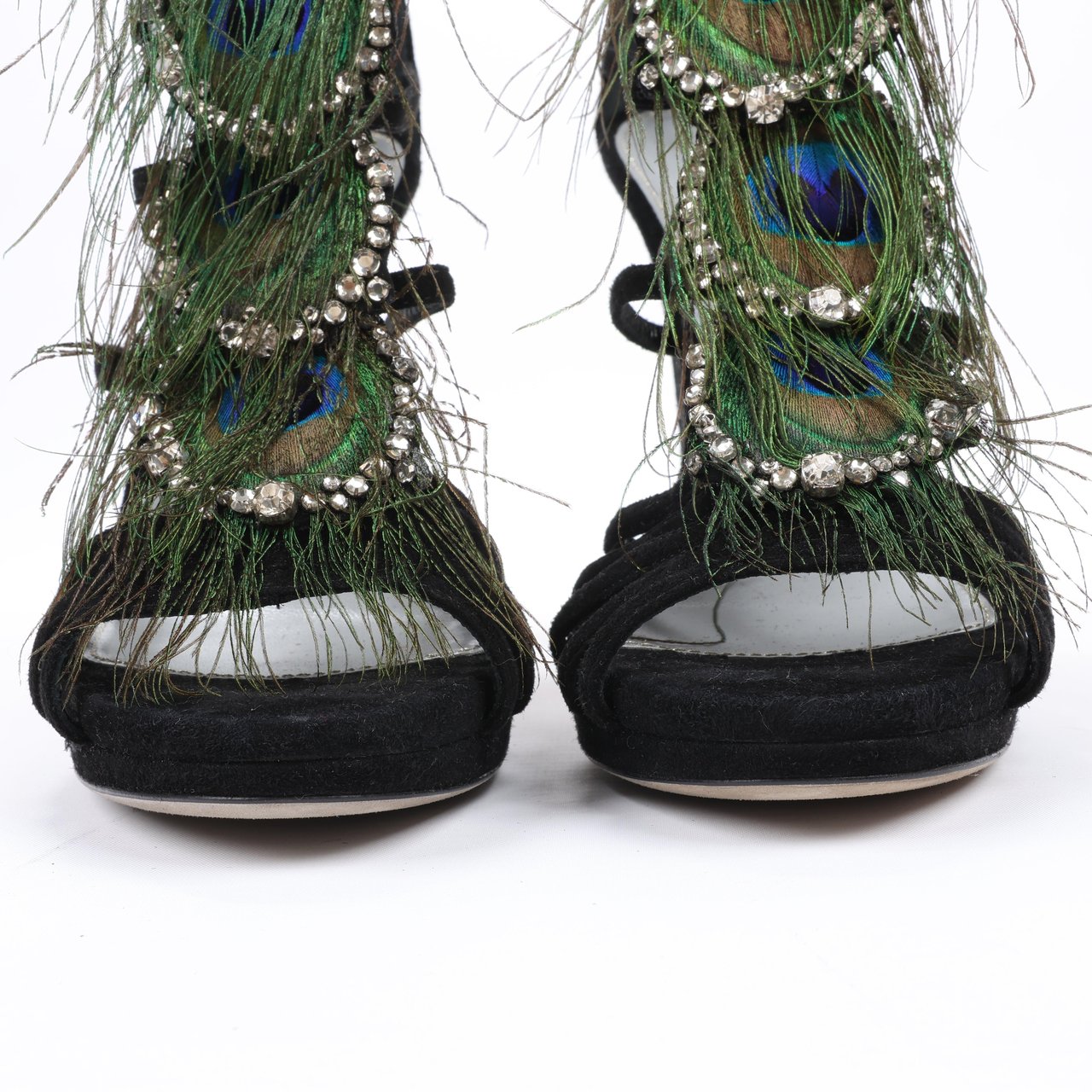 Sergio Rossi Sergio Rossi Black Suede Crystal And Peacock Embellished Platform Sandal Heels in Size 38 EU Zwart