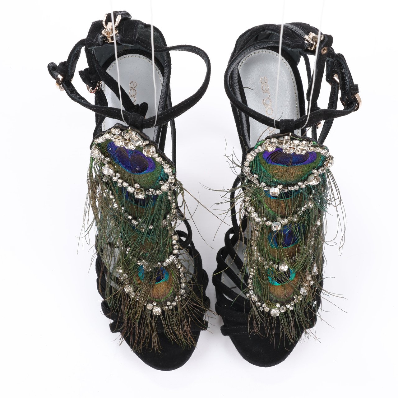 Sergio Rossi Sergio Rossi Black Suede Crystal And Peacock Embellished Platform Sandal Heels in Size 38 EU Zwart
