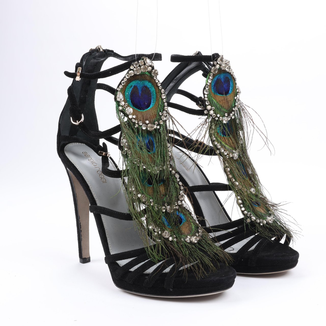 Sergio Rossi Sergio Rossi Black Suede Crystal And Peacock Embellished Platform Sandal Heels in Size 38 EU Zwart